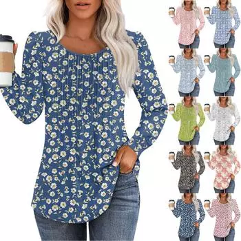 Женская модная повседневная плиссированная футболка с круглым вырезом и цветочным принтом с длинным рукавом S