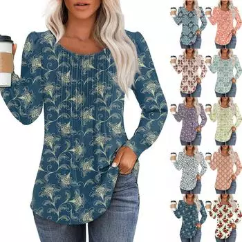 Женская модная повседневная плиссированная футболка с круглым вырезом и цветочным принтом с длинным рукавом XXXL