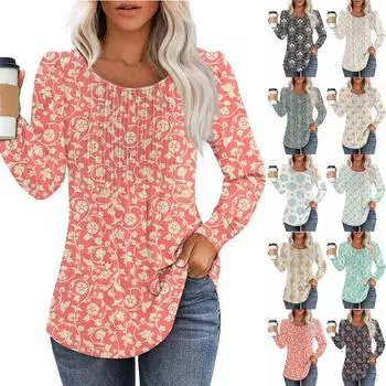 Женская модная повседневная плиссированная футболка с круглым вырезом и цветочным принтом с длинным рукавом S