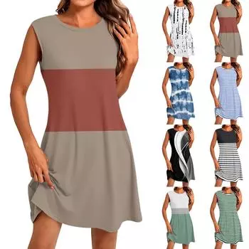 Women s Fashion Casual Print Round Neck Sleeveless Short Dress XL