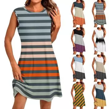 Women s Fashion Casual Print Round Neck Sleeveless Short Dress XL бежевый