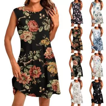 Women s Fashion Casual Print Round Neck Sleeveless Short Dress XXL