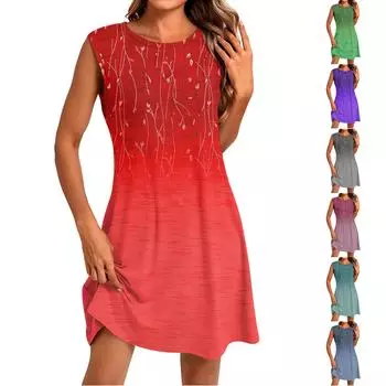 Women s Fashion Casual Print Round Neck Sleeveless Short Dress XL