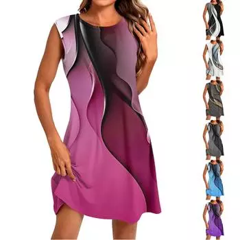 Women s Fashion Casual Print Round Neck Sleeveless Short Dress L