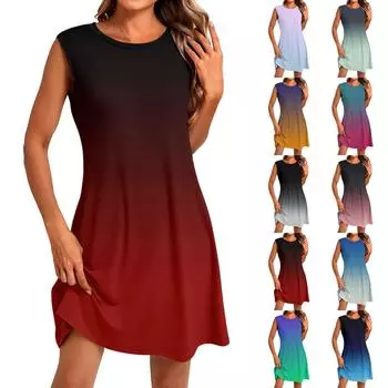 Women s Fashion Casual Print Round Neck Sleeveless Short Dress L зелёный