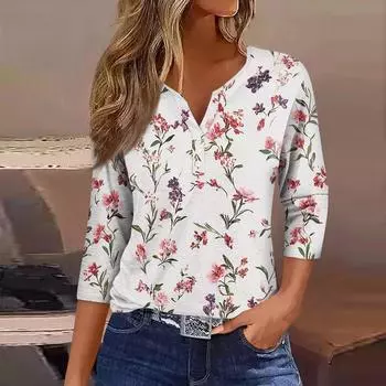 Women s Fashion Casual Printed V-Neck Short Sleeve Decorative Button Three-quarter Sleeve T-Shirt Top S верблюд