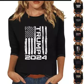 Women s Fashion Casual Round Neck 3/4 Sleeve Loose Printed T-Shirt Ladies Top L чёрный