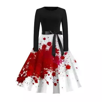 Women s Fashion Casual Round Neck Halloween Print Long Sleeve Dress XL
