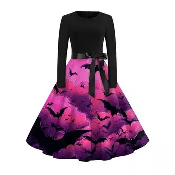 Women s Fashion Casual Round Neck Halloween Print Long Sleeve Dress M
