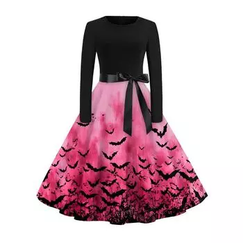 Women s Fashion Casual Round Neck Halloween Print Long Sleeve Dress S розовый