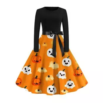 Women s Fashion Casual Round Neck Halloween Print Long Sleeve Dress XXL оранжевый