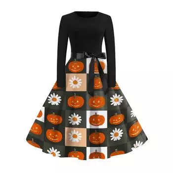 Women s Fashion Casual Round Neck Halloween Print Long Sleeve Dress XL