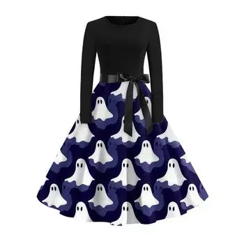 Women s Fashion Casual Round Neck Halloween Print Long Sleeve Dress M