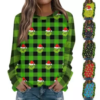 Women s Fashion Casual Round Neck Long Sleeve Print Raglan Sleeve T-Shirt Top L армия зеленый