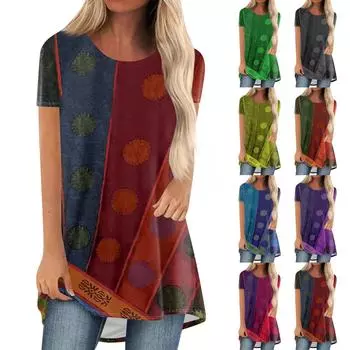 Women s Fashion Casual Round Neck Loose Comfort Printed Short Sleeve Tops S зелёный