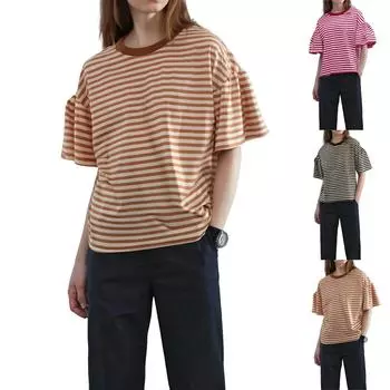 Women s Fashion Casual Round Neck Loose Top Striped Bell Sleeve Short Sleeve T-shirt L