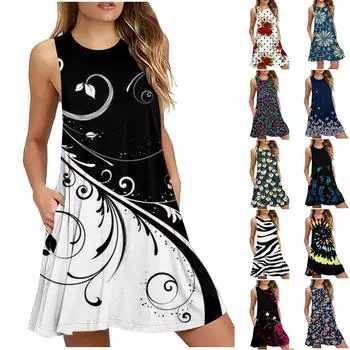 Женское модное повседневное сексуальное карманное платье без рукавов с круглым вырезом и принтом L