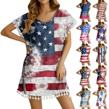 Women s Fashion Casual Round Neck Sleeveless Fringe Independence Day Print T-shirt Dress XXL