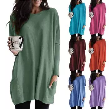 Женская мода, повседневный топ с круглым вырезом, небольшим карманом, средней длины, однотонный, с длинными рукавами L