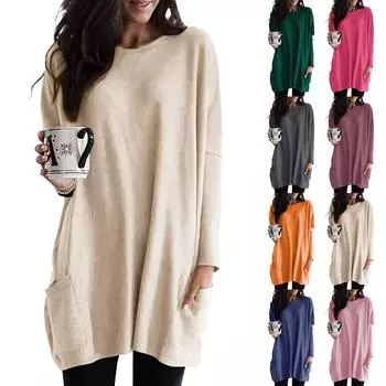 Женская мода, повседневный топ с круглым вырезом, небольшим карманом, средней длины, однотонный, с длинными рукавами L