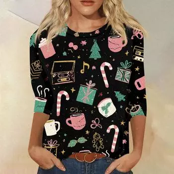 Women s Fashion Casual Round Neck Three-quarter Sleeve Christmas Print T-shirt Top L