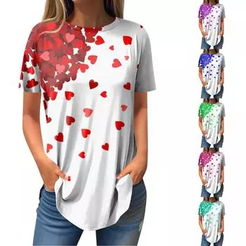 Женская мода повседневная футболка с круглым вырезом и коротким рукавом с принтом ко Дню святого Валентина L синий