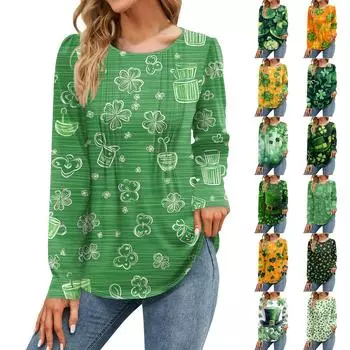 Women s Fashion Casual Saint Pat Print Top Long Sleeve Shirt Loose Pullover L