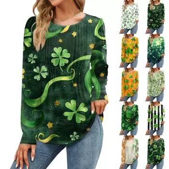 Women s Fashion Casual Saint Pat Print Top Long Sleeve Shirt Loose Pullover L чёрный