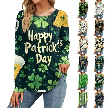 Women s Fashion Casual Saint Pat Print Top Long Sleeve Shirt Loose Pullover S