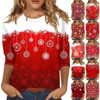 Women s Fashion Casual Seven Sleeve Christmas Printed Round Neck Top L