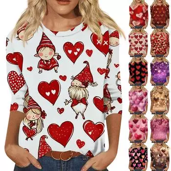 Women s Fashion Casual Seven Sleeve Valentine s Day Printed Round Neck Top XXXXXL золотой