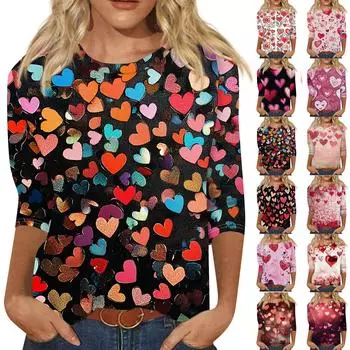 Женский модный повседневный топ с круглым вырезом и принтом на День святого Валентина с семью рукавами XXL розовый