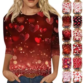 Women s Fashion Casual Seven Sleeve Valentine s Day Printed Round Neck Top XL фиолетовый