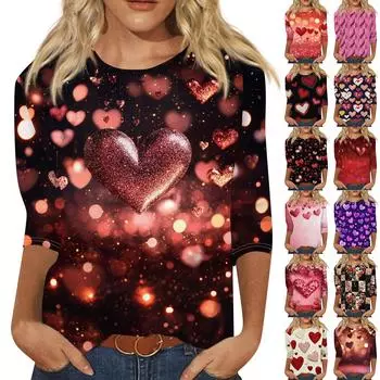 Women s Fashion Casual Seven Sleeve Valentine s Day Printed Round Neck Top M бежевый