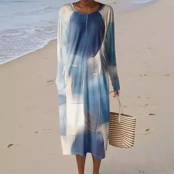 Women s Fashion Casual Sleeveless Round Neck Solid Color Elegant Temperament Dress L синий