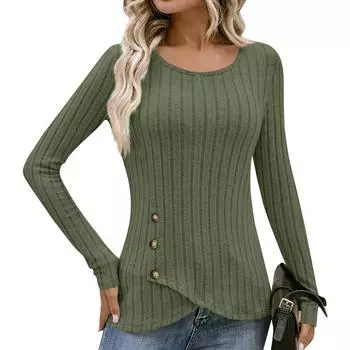 Women s Fashion Casual Slim Solid Color Long Sleeve Round Neck Hem Split Decoration Button Top S