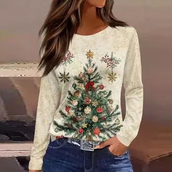 Women s Fashion Casual Slit Hem Round Neck Long Sleeve Loose Christmas Printed T-Shirt Ladies Top L