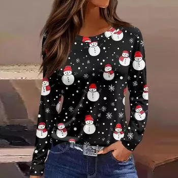 Women s Fashion Casual Slit Hem Round Neck Long Sleeve Loose Christmas Printed T-Shirt Ladies Top L