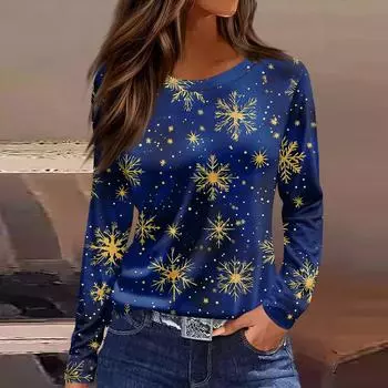 Women s Fashion Casual Slit Hem Round Neck Long Sleeve Loose Christmas Printed T-Shirt Ladies Top L