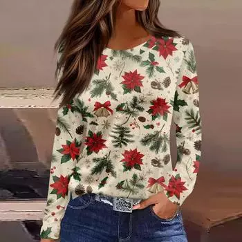 Women s Fashion Casual Slit Hem Round Neck Long Sleeve Loose Christmas Printed T-Shirt Ladies Top L