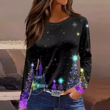 Women s Fashion Casual Slit Hem Round Neck Long Sleeve Loose Christmas Printed T-Shirt Ladies Top L