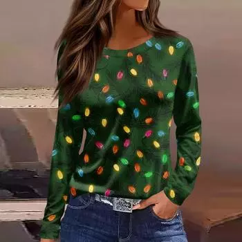 Women s Fashion Casual Slit Hem Round Neck Long Sleeve Loose Christmas Printed T-Shirt Ladies Top L