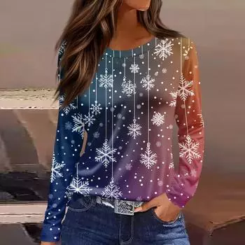 Women s Fashion Casual Slit Hem Round Neck Long Sleeve Loose Christmas Printed T-Shirt Ladies Top L