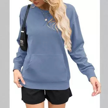 Women s Fashion Casual Solid Color Pocket Long Sleeve L синий