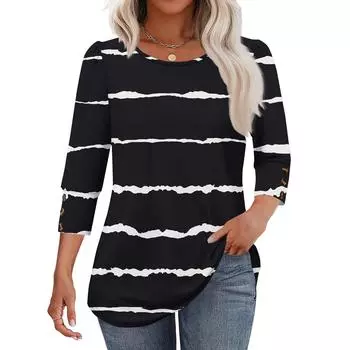Women s Fashion Casual Striped Print T-shirt Top With Round Neck And Seven Cuff Sleeves L чёрный