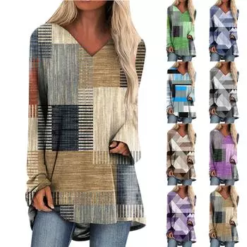 Женская модная повседневная футболка с принтом, длинный рукав, V-образный вырез, топ средней длины M верблюд