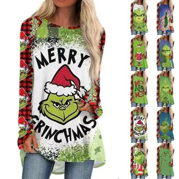 Women s Fashion Casual T-Shirt Shoulder Stitching Print Long Sleeve Round Neck Medium Length Top M синий