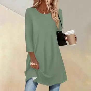 Women s Fashion Casual Three-quarter Sleeve Long Solid Color Round Neck Top XXL