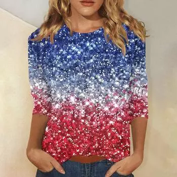 Women s Fashion Casual Three-quarter Sleeve Independence Day Printed Round Neck Top L чёрный