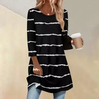 Women s Fashion Casual Three-quarter Sleeve Long Geometric Stripe Printed Round Neck Top L чёрный